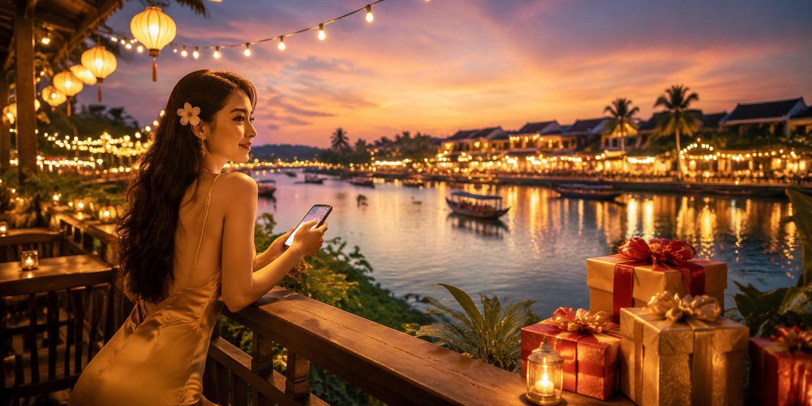 Người dùng Hội An thưởng thức cà phê sáng và chơi casino di động trên điện thoại